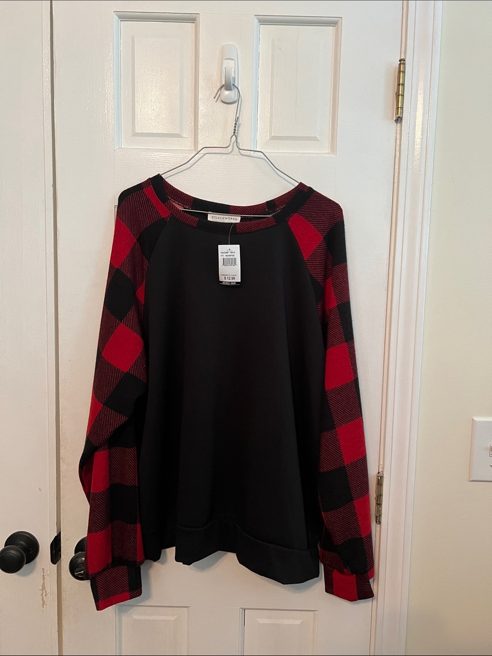 Black Knitted Shirt with Red Buffalo Plaid Sleeves